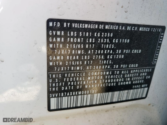 2019 Volkswagen Tiguan S with VIN 3VV1B7AX6KM060191, listed as a Copart auction lot 52414655 with 169,116 mi miles and Salvage Title. Bid and sale history available at carsss.com. Image 13.