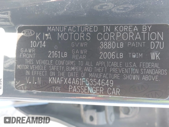 2015 Kia Forte LX with VIN KNAFX4A61F5354649, listed as a IAAI auction lot 42040586 with 113,436 mi miles. Bid and sale history available at carsss.com. Image 9.