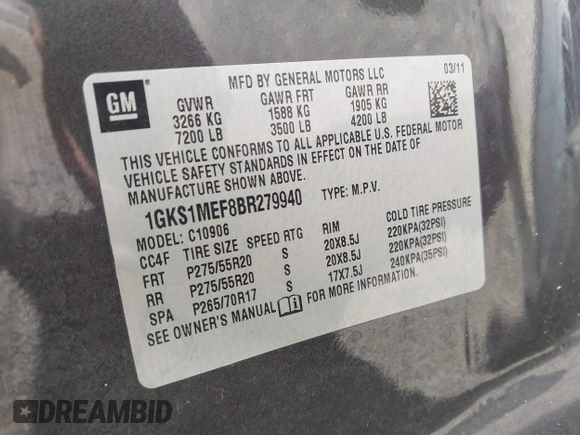 2011 GMC Yukon XL Denali with VIN 1GKS1MEF8BR279940, listed as a IAAI auction lot 41971157 with 218,597 mi miles. Bid and sale history available at carsss.com. Image 9.