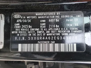 2014 Kia Optima SXL Turbo with VIN 5XXGR4A62EG343428, listed as a Copart auction lot 52742035 with 109,155 mi miles and Salvage Title. Bid and sale history available at DreamBid. Image 13.