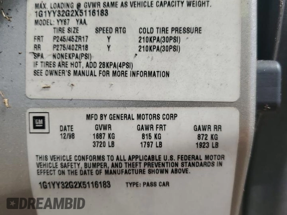 1999 Chevrolet Corvette with VIN 1G1YY32G2X5116183, listed as a Copart auction lot 73824884 with 0 mi miles and Salvage Title. Bid and sale history available at carsss.com. Image 13.