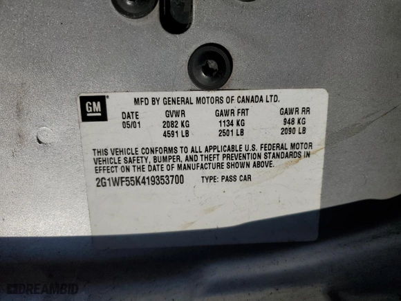 2001 Chevrolet Impala with VIN 2G1WF55K419353700, listed as a Copart auction lot 84012864 with 0 mi miles and Salvage Title. Bid and sale history available at carsss.com. Image 12.