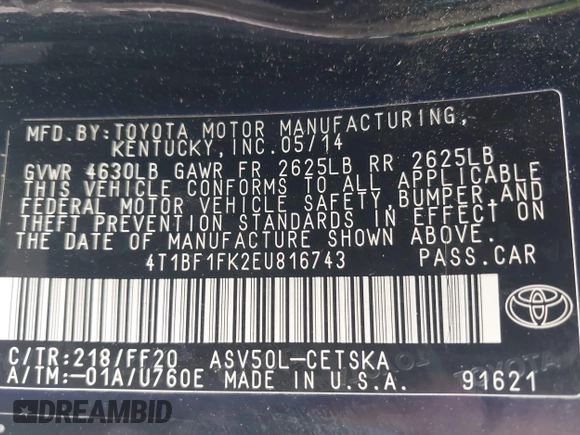 2014 Toyota Camry L with VIN 4T1BF1FK2EU816743, listed as a IAAI auction lot 42047519 with 266,904 mi miles. Bid and sale history available at carsss.com. Image 9.