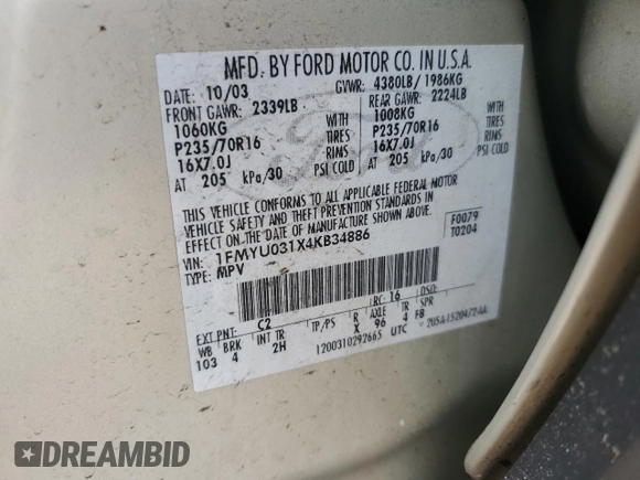 2004 Ford Escape XLT с VIN 1FMYU031X4KB34886, выставлен на аукционе Copart как лот 56212055 с пробегом 188 665 миль миль и Списание • Salvage title. История ставок и продаж доступна на DreamBid. Изображение 13.