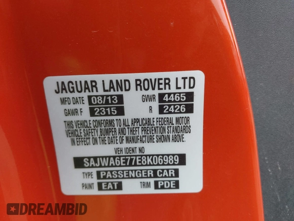 2014 Jaguar F-Type V6 with VIN SAJWA6E77E8K06989, listed as a IAAI auction lot 41286537 with 54,977 mi miles and . Bid and sale history available at DreamBid. Image 9.