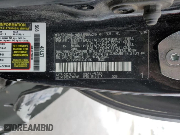 2008 Toyota Tundra Limited z VIN 5TFEV58108X033116, wystawiony jako Copart lot #45726255 z przebiegiem 425 257 mil mil oraz Szkoda całkowita • Salvage title. Historia ofert i sprzedaży dostępna na DreamBid. Obrazek 12.