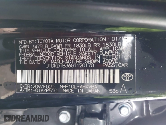 2016 Toyota Prius One with VIN JTDKDTB36G1120170, listed as a IAAI auction lot 42054086 with 106,362 mi miles and . Bid and sale history available at DreamBid. Image 9.