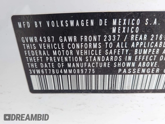 2021 Volkswagen Jetta GLI S with VIN 3VW6T7BU4MM089775, listed as a IAAI auction lot 41937045 with 63,010 mi miles and . Bid and sale history available at DreamBid. Image 9.