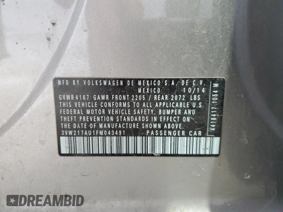 2015 Volkswagen Golf TSI S z VIN 3VW217AU1FM043491, wystawiony jako Copart lot #52776705 z przebiegiem 72 039 mil mil oraz Szkoda całkowita • Salvage title. Historia ofert i sprzedaży dostępna na DreamBid. Obrazek 12.