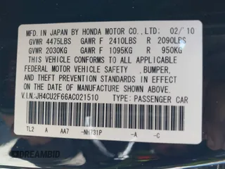 2010 Acura TSX z VIN JH4CU2F66AC021510, wystawiony jako IAAI lot #42281630 z przebiegiem 154 584 mil mil oraz . Historia ofert i sprzedaży dostępna na DreamBid. Obrazek 9.