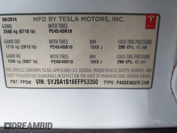 2014 Tesla Model S 60 with VIN 5YJSA1S16EFP53350, listed as a IAAI auction lot 42239753 with 104,985 mi miles and . Bid and sale history available at DreamBid. Image 9.