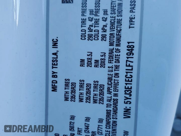 2020 Tesla Model 3 Performance z VIN 5YJ3E1EC1LF719481, wystawiony jako Copart lot #86930884 z przebiegiem 69 645 mil mil oraz Szkoda całkowita • Salvage title. Historia ofert i sprzedaży dostępna na DreamBid. Obrazek 12.
