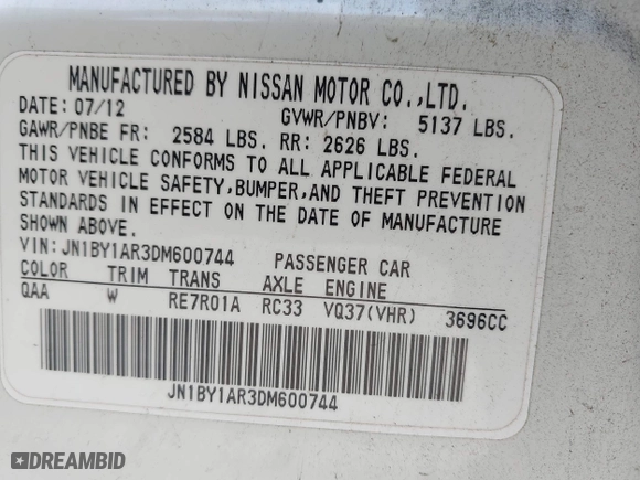 2013 Infiniti M37 with VIN JN1BY1AR3DM600744, listed as a IAAI auction lot 41912310 with 200,014 mi miles. Bid and sale history available at carsss.com. Image 9.