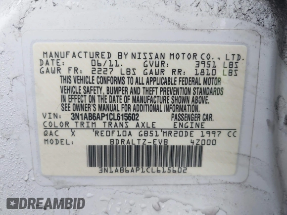 2012 Nissan Sentra SR with VIN 3N1AB6AP1CL615602, listed as a IAAI auction lot 41957254 with Not Provided miles and . Bid and sale history available at DreamBid. Image 9.