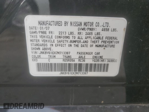 2007 Infiniti G35 Journey with VIN JNKBV61EX7M713397, listed as a Copart auction lot 61899474 with Not Provided miles and Salvage Title. Bid and sale history available at DreamBid. Image 12.