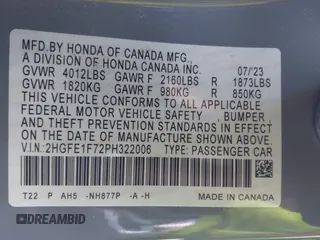 2023 Honda Civic Sedan EX with VIN 2HGFE1F72PH322006, listed as a IAAI auction lot 41785227 with 1 mi miles. Bid and sale history available at carsss.com. Image 9.