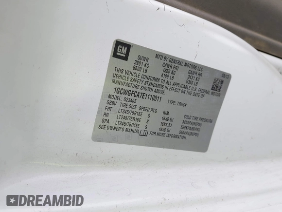 2014 Chevrolet Express Cargo Van with VIN 1GCWGFCA7E1110011, listed as a IAAI auction lot 41983301 with 114,827 mi miles. Bid and sale history available at carsss.com. Image 9.