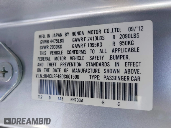 2013 Acura TSX with VIN JH4CU2F49DC001500, listed as a IAAI auction lot 41330453 with 177,103 mi miles. Bid and sale history available at carsss.com. Image 9.