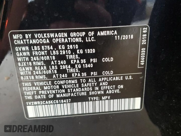 2019 Volkswagen Atlas SE with VIN 1V2WR2CA5KC518427, listed as a Copart auction lot 61795415 with 45,695 mi miles and Salvage title. Bid and sale history available at DreamBid. Image 13.