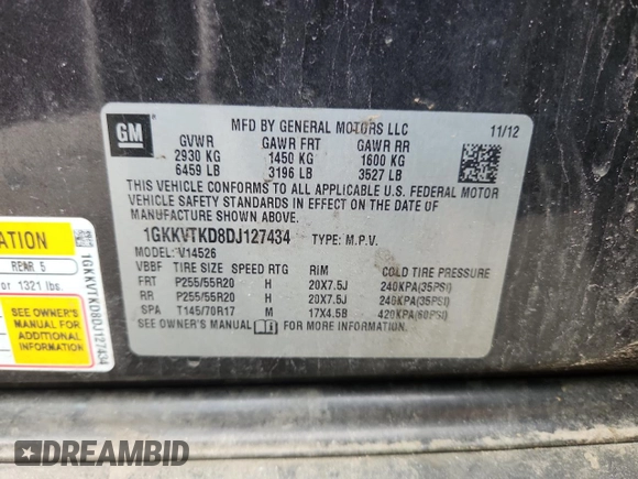 2013 GMC Acadia Denali z VIN 1GKKVTKD8DJ127434, wystawiony jako Copart lot #60221395 z przebiegiem 224 663 mil mil oraz Czysty tytuł • Clean title. Historia ofert i sprzedaży dostępna na DreamBid. Obrazek 13.