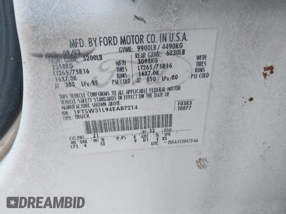 2004 Ford F-350 XL с VIN 1FTSW31L94EA87214, выставлен на аукционе IAAI как лот 42026578 с пробегом 146 320 миль миль и . История ставок и продаж доступна на DreamBid. Изображение 9.