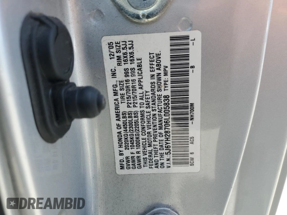 2006 Honda Element EX-P with VIN 5J6YH28706L005838, listed as a Copart auction lot 54993715 with 258,588 mi miles and Clean Title. Bid and sale history available at DreamBid. Image 12.