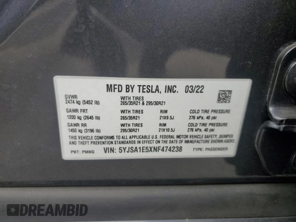2022 Tesla Model S with VIN 5YJSA1E5XNF474238, listed as a Copart auction lot 54220115 with Not provided miles and Salvage title. Bid and sale history available at DreamBid. Image 14.