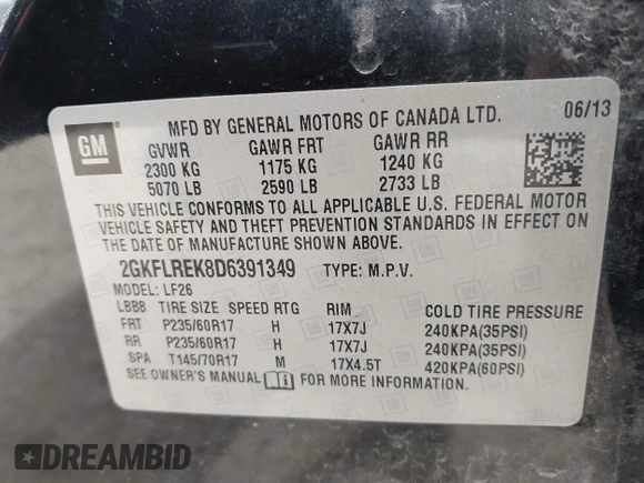 2013 GMC Terrain SLE with VIN 2GKFLREK8D6391349, listed as a IAAI auction lot 42631725 with 130,293 mi miles and . Bid and sale history available at DreamBid. Image 9.