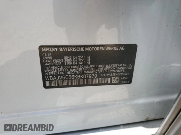 2019 BMW 6 Series 640i xDrive with VIN WBAJV6C56KBK07979, listed as a Copart auction lot 62149624 with 58,200 mi miles and Salvage Title. Bid and sale history available at carsss.com. Image 12.