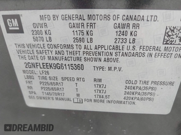 2016 Chevrolet Equinox LS with VIN 2GNFLEEK9G6115360, listed as a IAAI auction lot 42025280 with 146,609 mi miles. Bid and sale history available at carsss.com. Image 9.