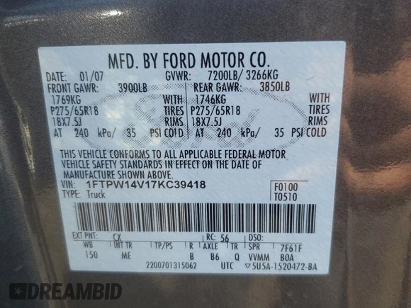 2007 Ford F-150 XLT with VIN 1FTPW14V17KC39418, listed as a Copart auction lot 51781705 with 151,304 mi miles and Salvage Title. Bid and sale history available at carsss.com. Image 14.