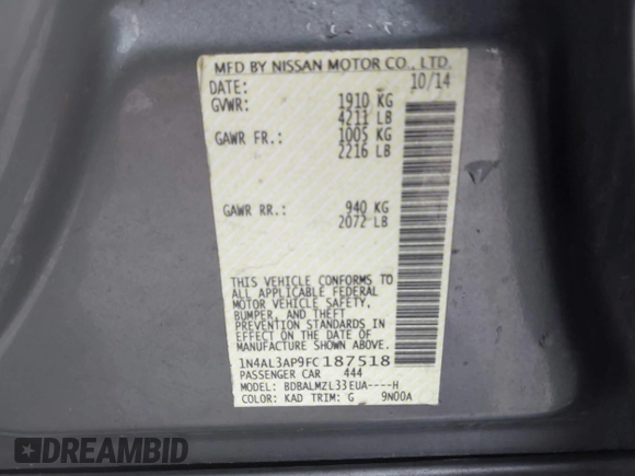 2015 Nissan Altima SL with VIN 1N4AL3AP9FC187518, listed as a IAAI auction lot 41449240 with 106,576 mi miles and . Bid and sale history available at DreamBid. Image 9.