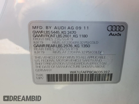 2012 Audi Q5 Premium Plus with VIN WA1LFAFP8CA035397, listed as a Copart auction lot 54115825 with 105,058 mi miles and Clean title. Bid and sale history available at DreamBid. Image 14.