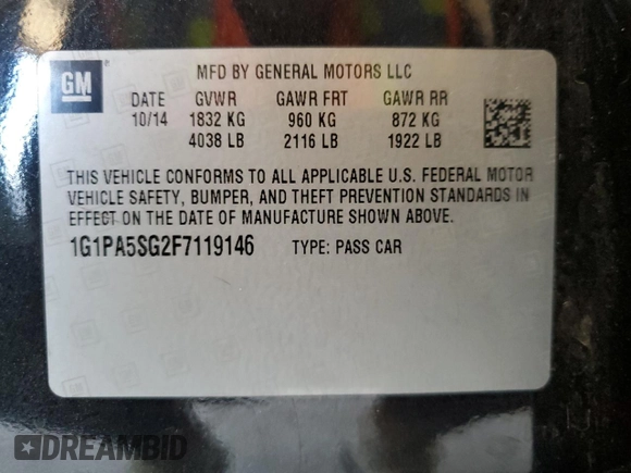2015 Chevrolet Cruze LS z VIN 1G1PA5SG2F7119146, wystawiony jako Copart lot #55622605 z przebiegiem 133 688 mil mil oraz Szkoda całkowita • Salvage title. Historia ofert i sprzedaży dostępna na DreamBid. Obrazek 12.