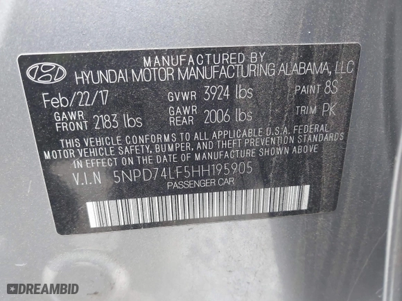 2017 Hyundai Elantra SE with VIN 5NPD74LF5HH195905, listed as a IAAI auction lot 41827708 with 84,897 mi miles. Bid and sale history available at carsss.com. Image 9.