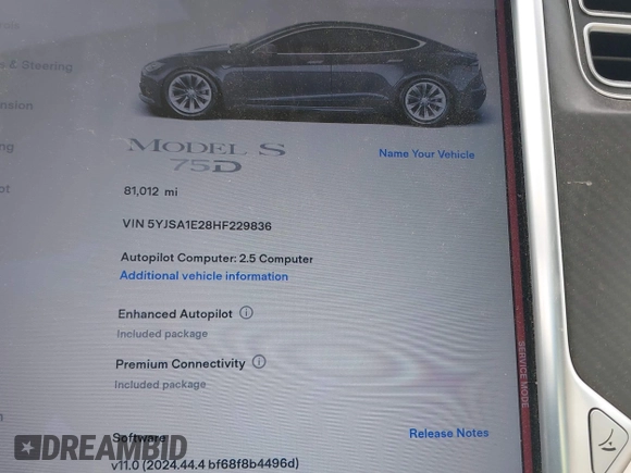 2017 Tesla Model S 100D z VIN 5YJSA1E28HF229836, wystawiony jako IAAI lot #42011901 z przebiegiem 81 012 mil mil oraz . Historia ofert i sprzedaży dostępna na DreamBid. Obrazek 7.