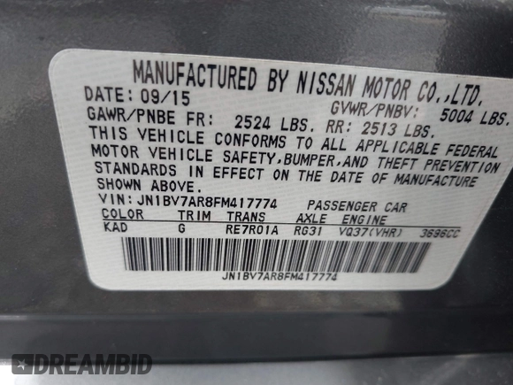 2015 Infiniti Q50 Premium with VIN JN1BV7AR8FM417774, listed as a IAAI auction lot 41909847 with 39,377 mi miles. Bid and sale history available at carsss.com. Image 9.