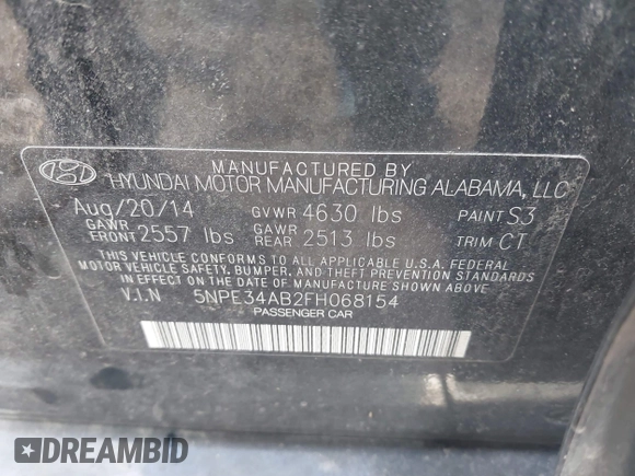2015 Hyundai Sonata 2.0T Sport with VIN 5NPE34AB2FH068154, listed as a IAAI auction lot 42085654 with 77,824 mi miles. Bid and sale history available at carsss.com. Image 9.