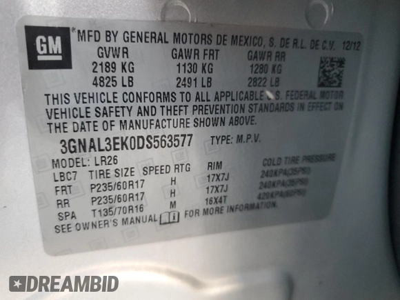 2013 Chevrolet Captiva Sport LT with VIN 3GNAL3EK0DS563577, listed as a Copart auction lot 70386214 with 108,931 mi miles and Salvage Title. Bid and sale history available at DreamBid. Image 13.