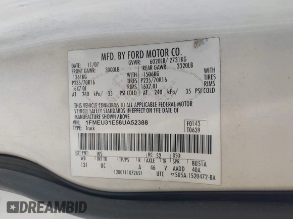 2008 Ford Explorer Sport Trac XLT с VIN 1FMEU31E58UA52388, выставлен на аукционе IAAI как лот 42682159 с пробегом 153 835 миль миль и . История ставок и продаж доступна на DreamBid. Изображение 9.