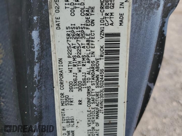 1990 Toyota Pickup DLX z VIN JT4VN13D3L5024456, wystawiony jako Copart lot #75834064 z przebiegiem 200 893 mil mil oraz Szkoda całkowita • Salvage title. Historia ofert i sprzedaży dostępna na DreamBid. Obrazek 12.