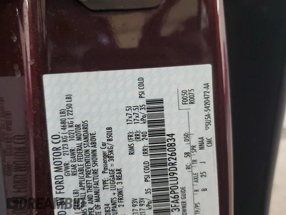 2013 Ford Fusion SE Hybrid with VIN 3FA6P0LU9DR260834, listed as a Copart auction lot 52384805 with 98,191 mi miles and Salvage Title. Bid and sale history available at DreamBid. Image 13.