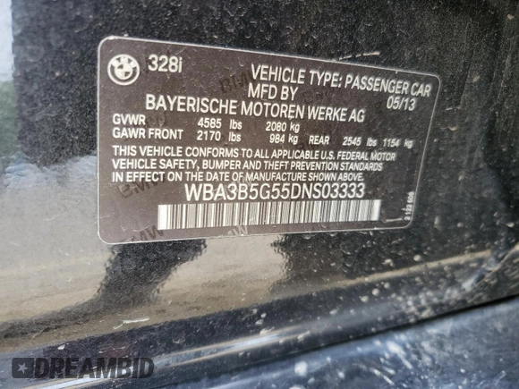 2013 BMW 3 Series 328i xDrive with VIN WBA3B5G55DNS03333, listed as a Copart auction lot 56984735 with Not provided miles and Clean title. Bid and sale history available at DreamBid. Image 13.