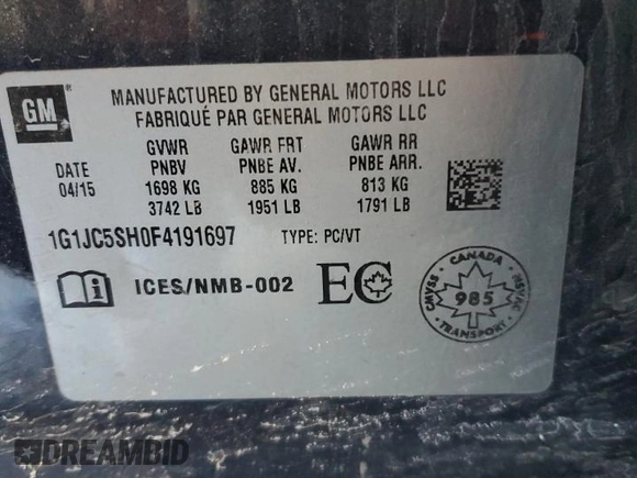2015 Chevrolet Sonic LT z VIN 1G1JC5SH0F4191697, wystawiony jako Copart lot #88711955 z przebiegiem 126 569 mil mil oraz Szkoda całkowita • Salvage title. Historia ofert i sprzedaży dostępna na DreamBid. Obrazek 12.