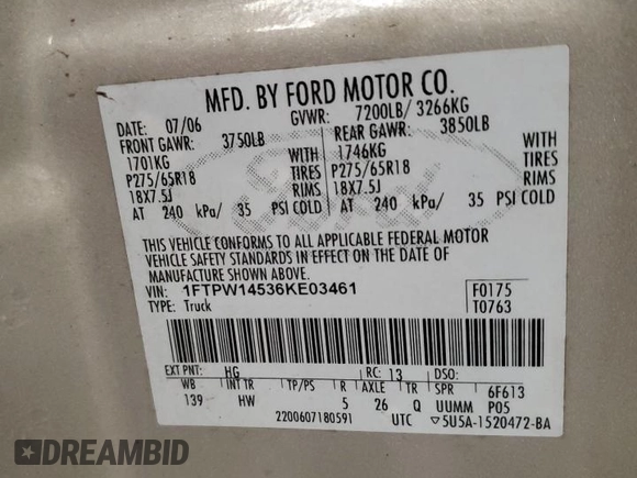 2006 Ford F-150 XLT with VIN 1FTPW14536KE03461, listed as a Copart auction lot 52998995 with 170,534 mi miles and Salvage Title. Bid and sale history available at carsss.com. Image 12.