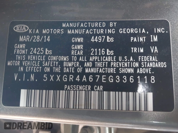 2014 Kia Optima SXL Turbo with VIN 5XXGR4A67EG336118, listed as a IAAI auction lot 41613725 with 121,671 mi miles and . Bid and sale history available at DreamBid. Image 9.