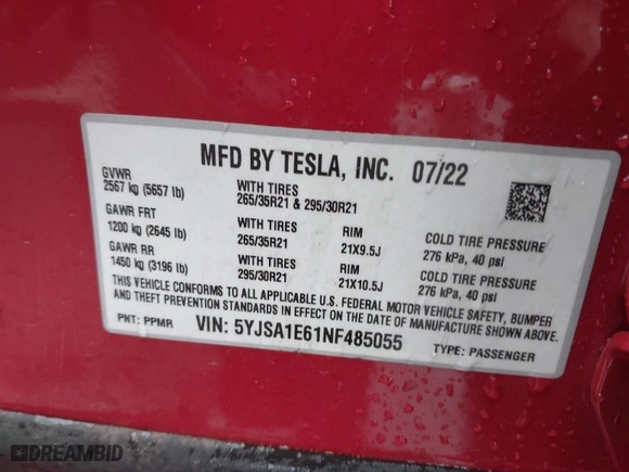 2022 Tesla Model S Plaid with VIN 5YJSA1E61NF485055, listed as a IAAI auction lot 41751134 with 1 mi miles. Bid and sale history available at carsss.com. Image 9.