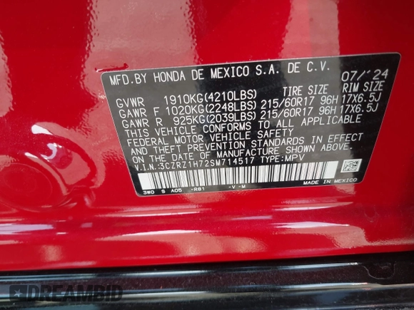 2025 Honda HR-V EX-L z VIN 3CZRZ1H72SM714517, wystawiony jako IAAI lot #41598868 z przebiegiem 6 350 mil mil oraz . Historia ofert i sprzedaży dostępna na DreamBid. Obrazek 9.