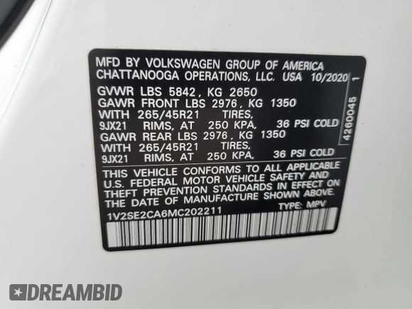 2021 Volkswagen Atlas SEL with VIN 1V2SE2CA6MC202211, listed as a Copart auction lot 42367425 with 44,481 mi miles and Salvage title. Bid and sale history available at DreamBid. Image 13.