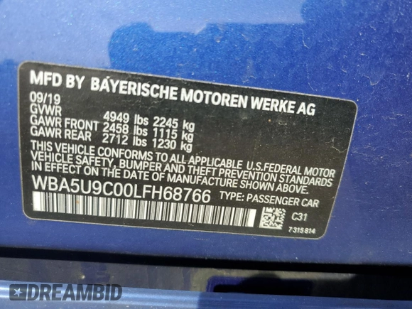 2020 BMW 3 Series M340i xDrive with VIN WBA5U9C00LFH68766, listed as a Copart auction lot 49077125 with 56,730 mi miles and Salvage Title. Bid and sale history available at DreamBid. Image 12.